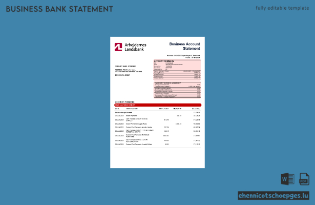 Beispielvorschau für den Unternehmenskontoauszug der Arbejdernes Landsbank als Word- und PDF-Datei